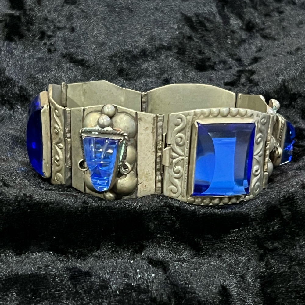 Vintage Taxco Signed Sterling Silver Blue Glass Panel Link Bracelet - Picture 7 of 11
